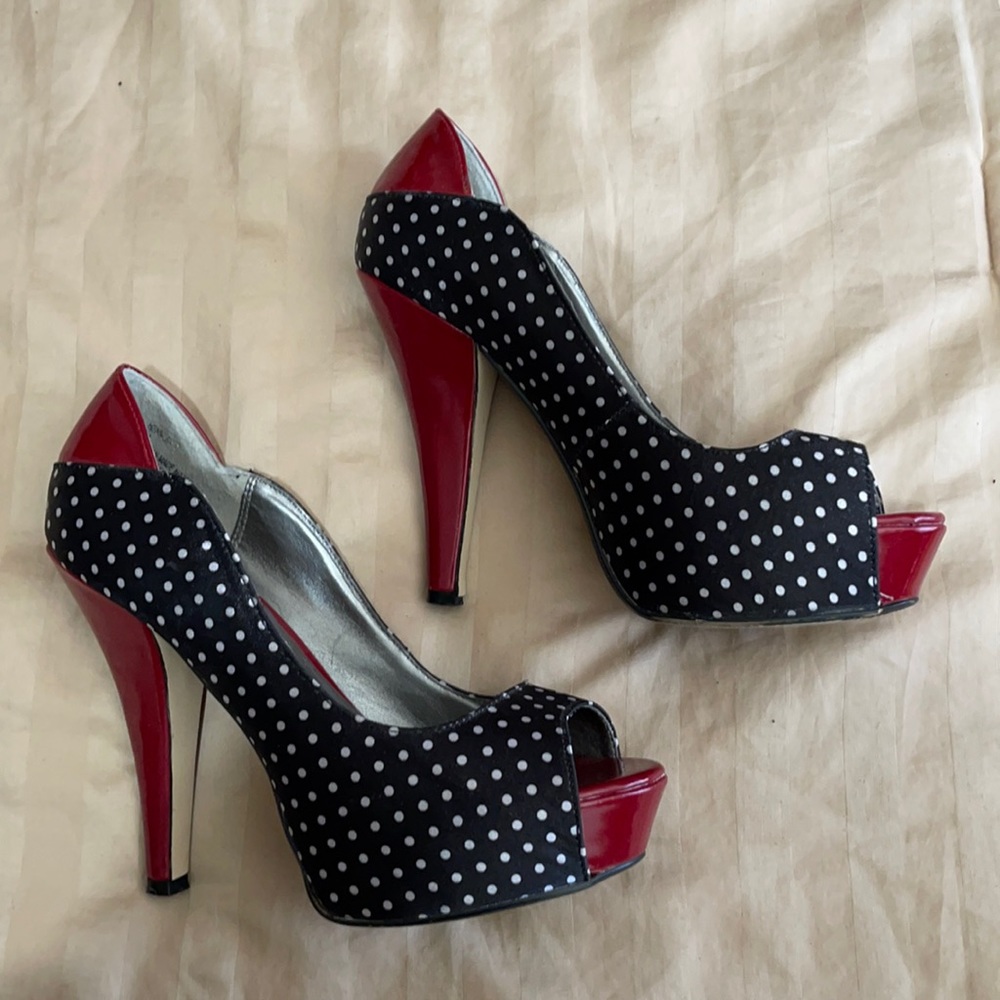 Red and black platform heels with white polkadots